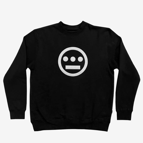 Black crew sweatshirt with white felt Hiero hip-hop crew logo on the chest.