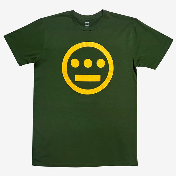 Green t-shirt with yellow Hieroglyphics Hip-Hop logo on center chest.
