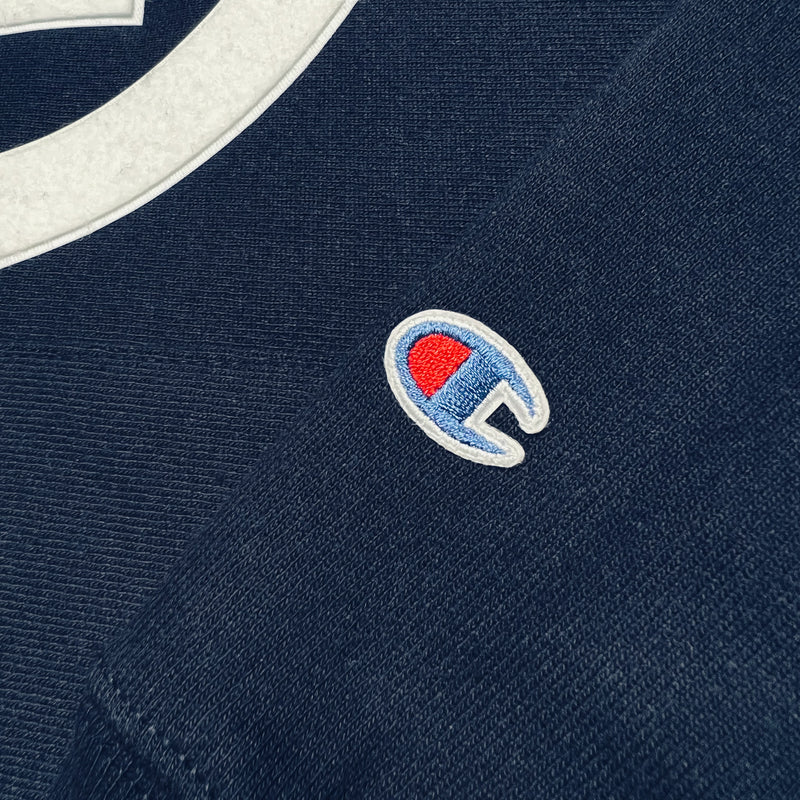 Detailed close-up of white Hieroglyphics hip-hop logo on the chest and Champion logo on the sleeve of a navy hoodie.