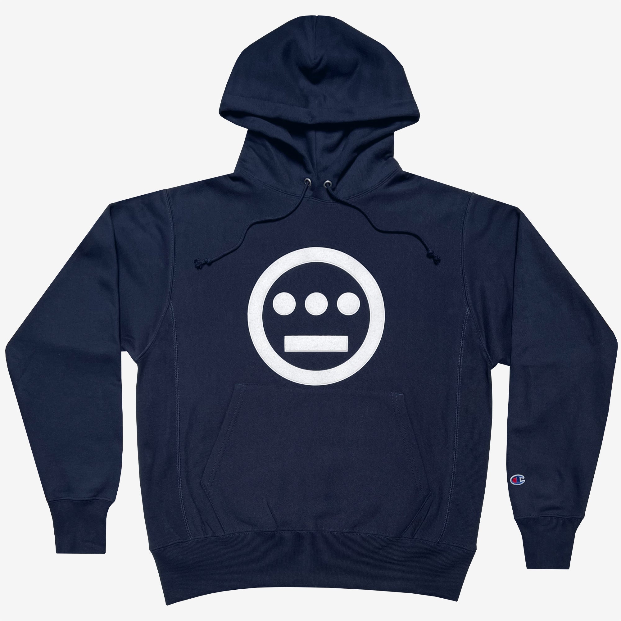 Navy hoodie with white Hieroglyphics hip-hop logo on the chest and Champion logo on the sleeve.