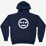 Navy hoodie with white Hieroglyphics hip-hop logo on the chest and Champion logo on the sleeve.