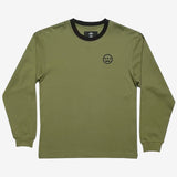 Army green long sleeve crew neck tee with black Hieroglyphics hip-hop logo on left chest wear side and black trim on neck.