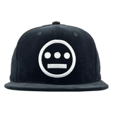 Front view of black Mitchell & Ness snapback corduroy cap with white embroidered Hiero Hip Hop crew logo.