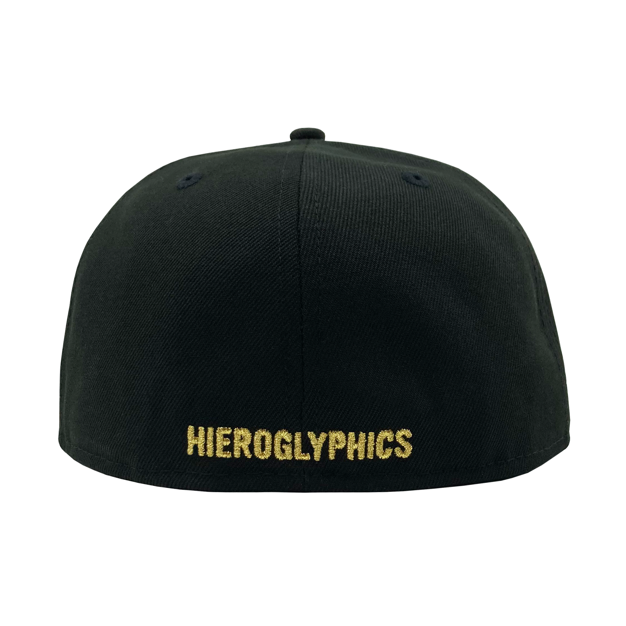 The backside of a black fitted New Era cap with gold embroidered Hieroglyphics wordmark.