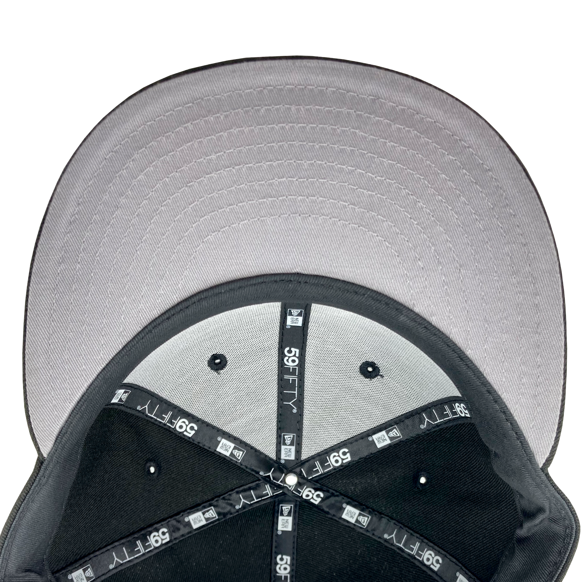 Grey undervisor and the inside the crown of a fitted New Era cap with black taping with 59FIFTY New Era wordmark on repeat. 