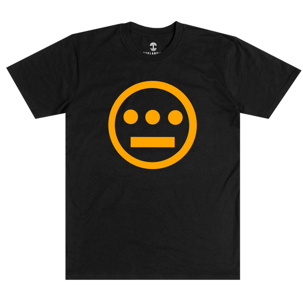 Black t-shirt with gold Hieroglyphics Hip-Hop logo on center chest.