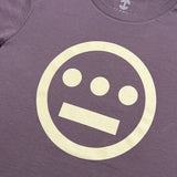 Close up of white Hieroglyphics Hip-Hop logo on a mauve t-shirt.