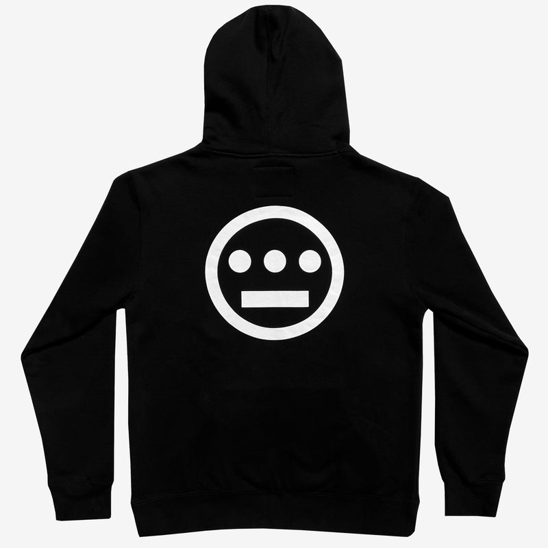 Large white Hieroglyphics hip hop logo on the back of a black hoodie.