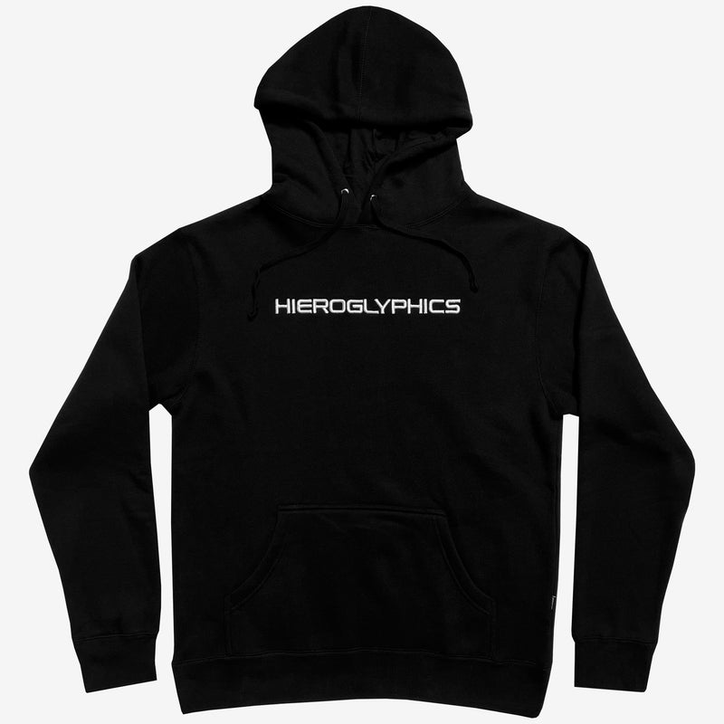 Black hoodie with capitalized white “HIEROGLYPHICS” wordmark one the chest.