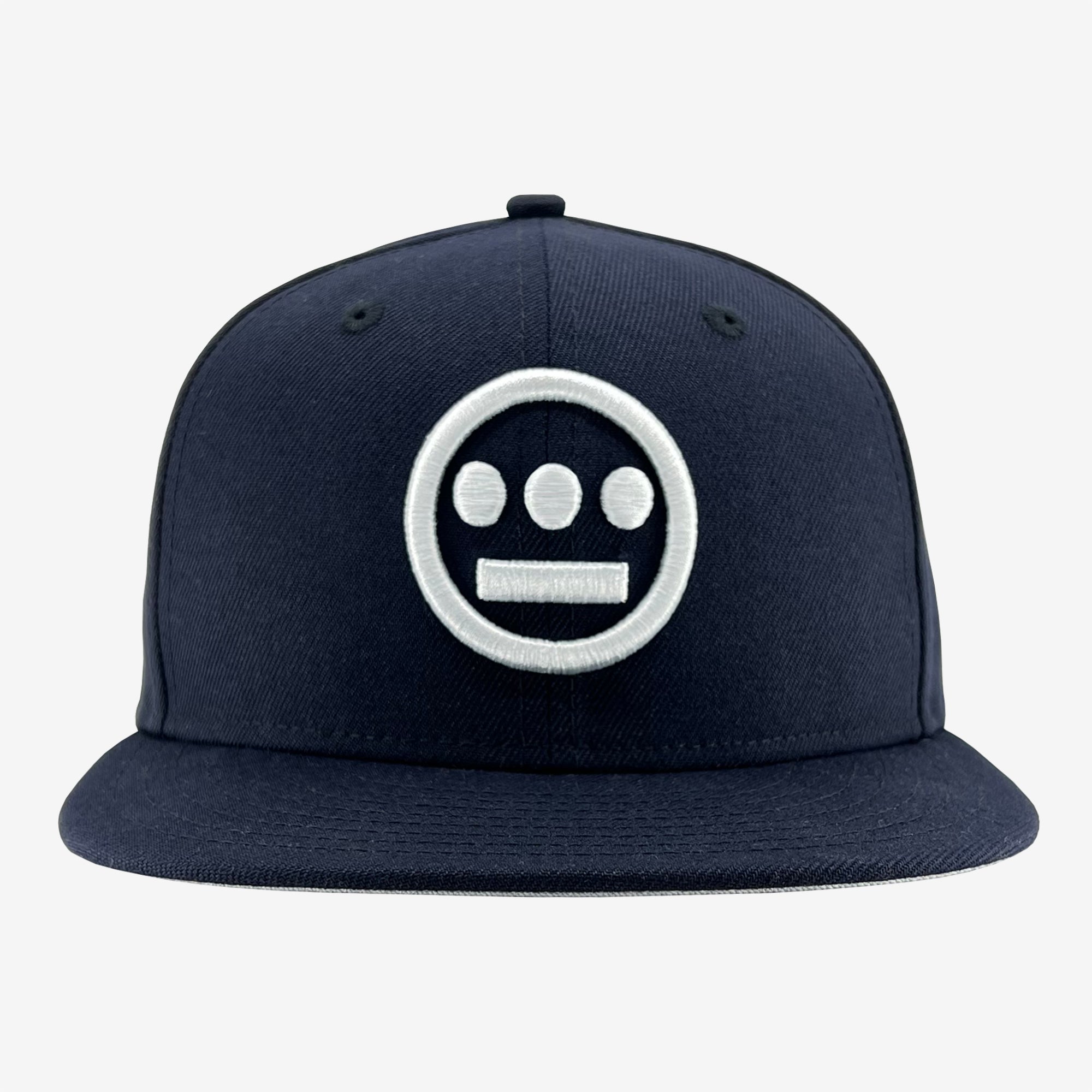 Front view of navy New Era cap with white embroidered Hieroglyphics hip-hop logo on the crown.
