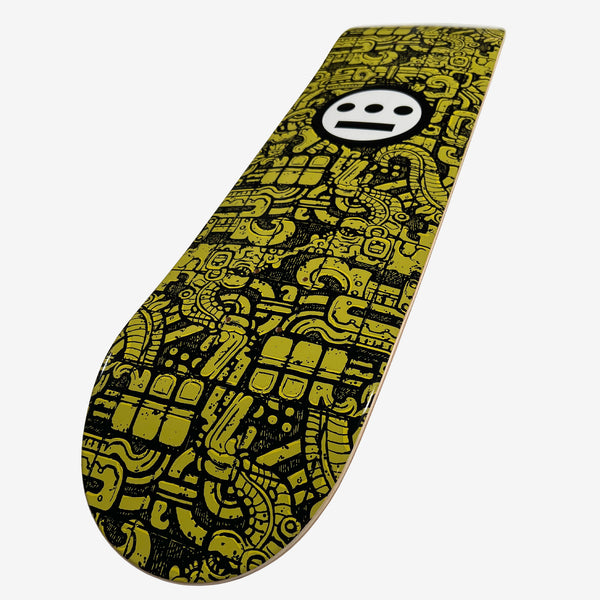 A detailed image of Hieroglyphics skateboard deck with epitaph all over print.