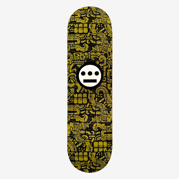 Hieroglyphics skateboard deck with epitaph all over print.