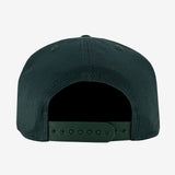 The backside of a green cap with plastic snapback closure.