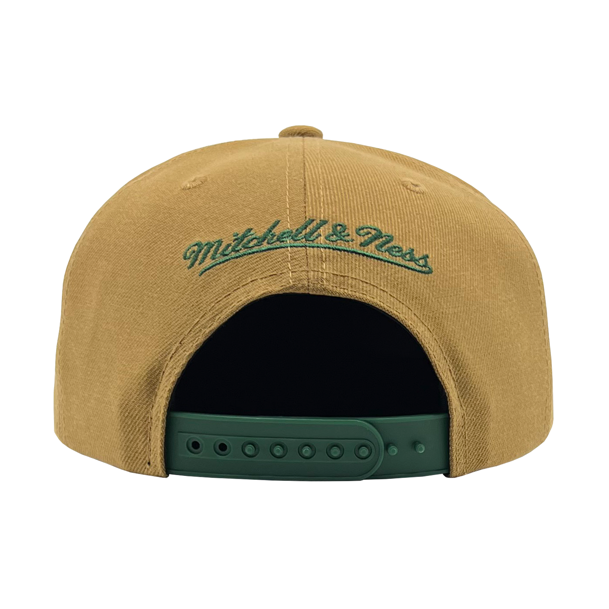 The image shows the back view of a tan-colored Hiero BNB Logo Snapback hat. The hat features the "Hieroglyphics" logo embroidered in green cursive text at the top. The bottom portion of the hat has an adjustable green plastic snap closure, making it a perfect accessory for any hip hop crew.