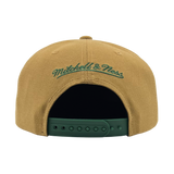 Back view of a brown snapback cap with green embroidered Mitchell & Ness wordmark. 