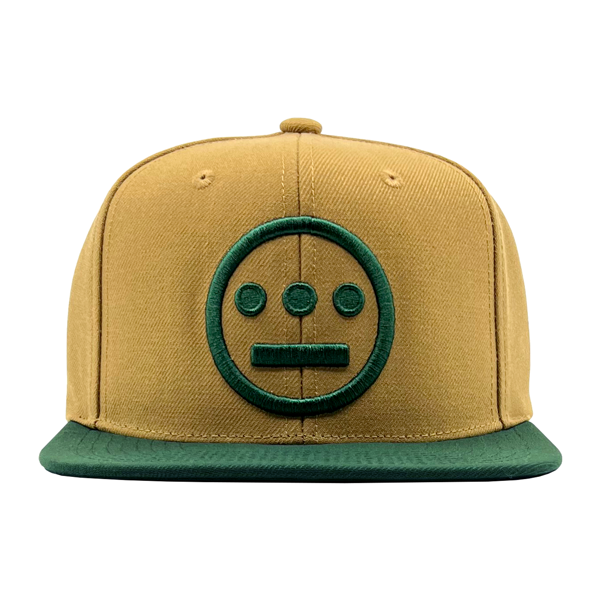 Front view of two-toned brown Mitchell & Ness snapback cap with green embroidered green Hiero Hip Hop crew logo & green visor.