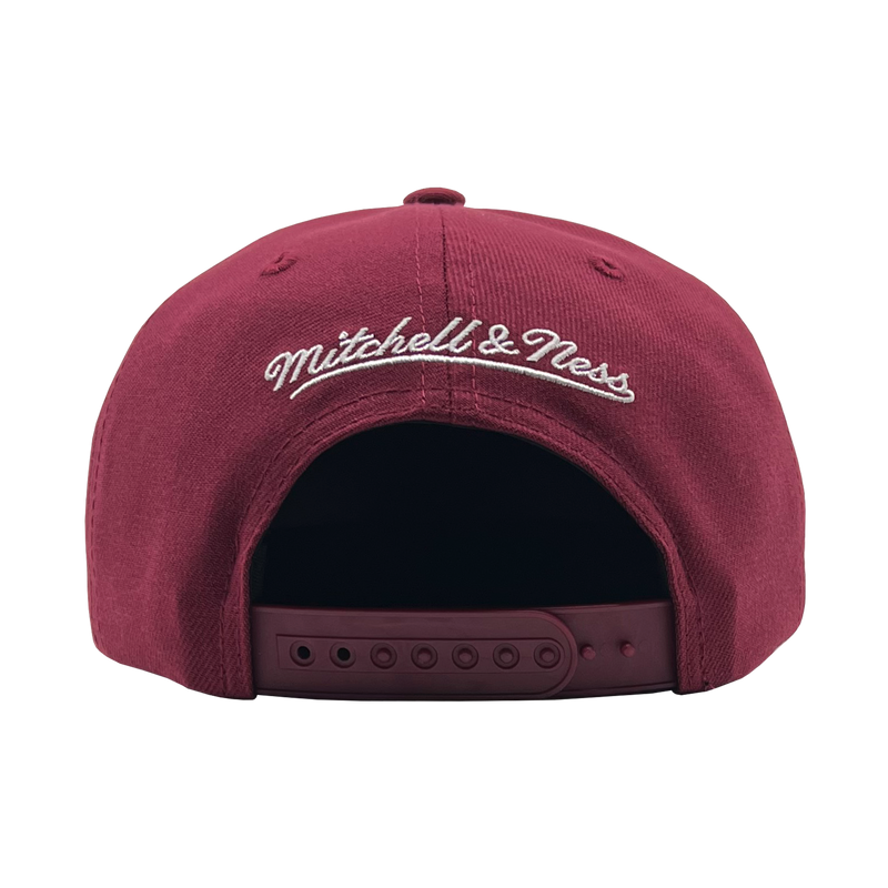 Back view of a cardinal red snapback cap with white embroidered Mitchell & Ness wordmark. 