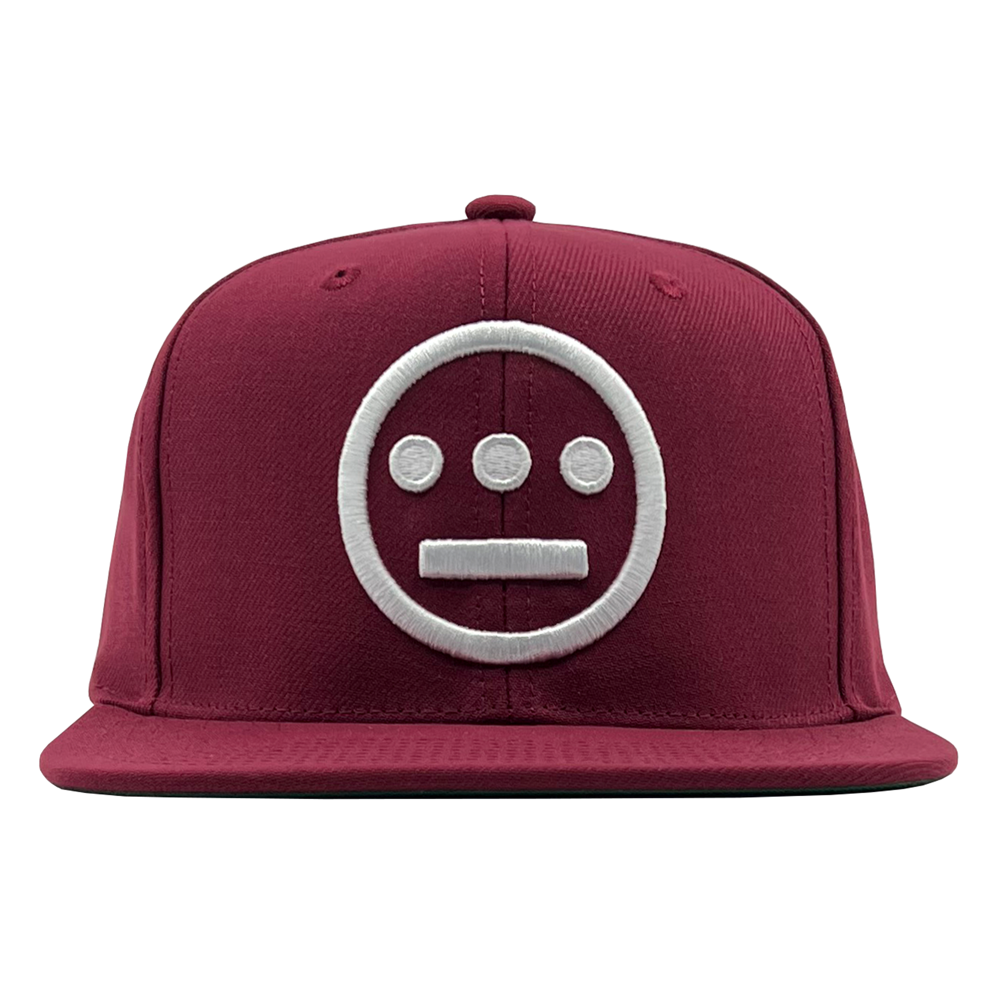 Front view of cardinal red Mitchell & Ness snapback cap with white embroidered Hiero Hip Hop crew logo.