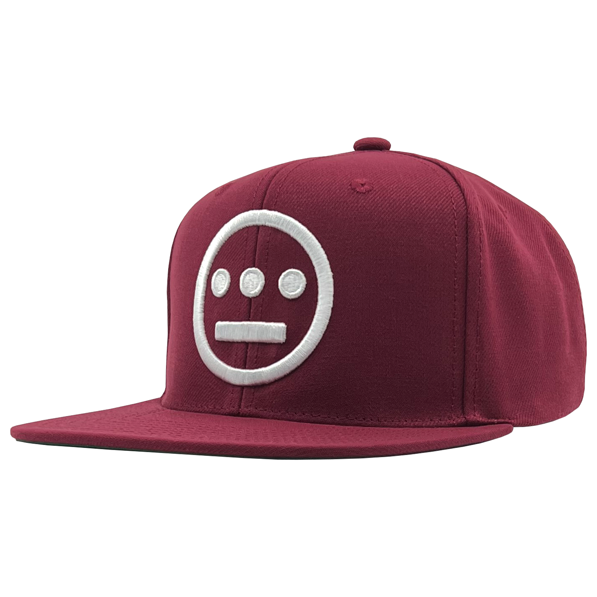 Side view of cardinal red Mitchell & Ness snapback cap with white embroidered Hiero Hip Hop crew logo.