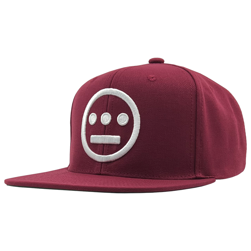 Side view of cardinal red Mitchell & Ness snapback cap with white embroidered Hiero Hip Hop crew logo.