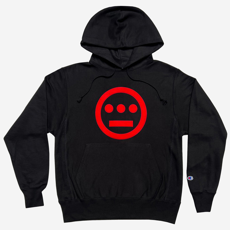Black hoodie with red Hieroglyphics hip-hop logo on the chest and Champion logo on sleeve.