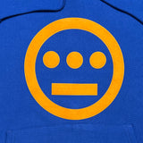 Close-up of yellow Hieroglyphics logo on chest of royal blue hoodie.