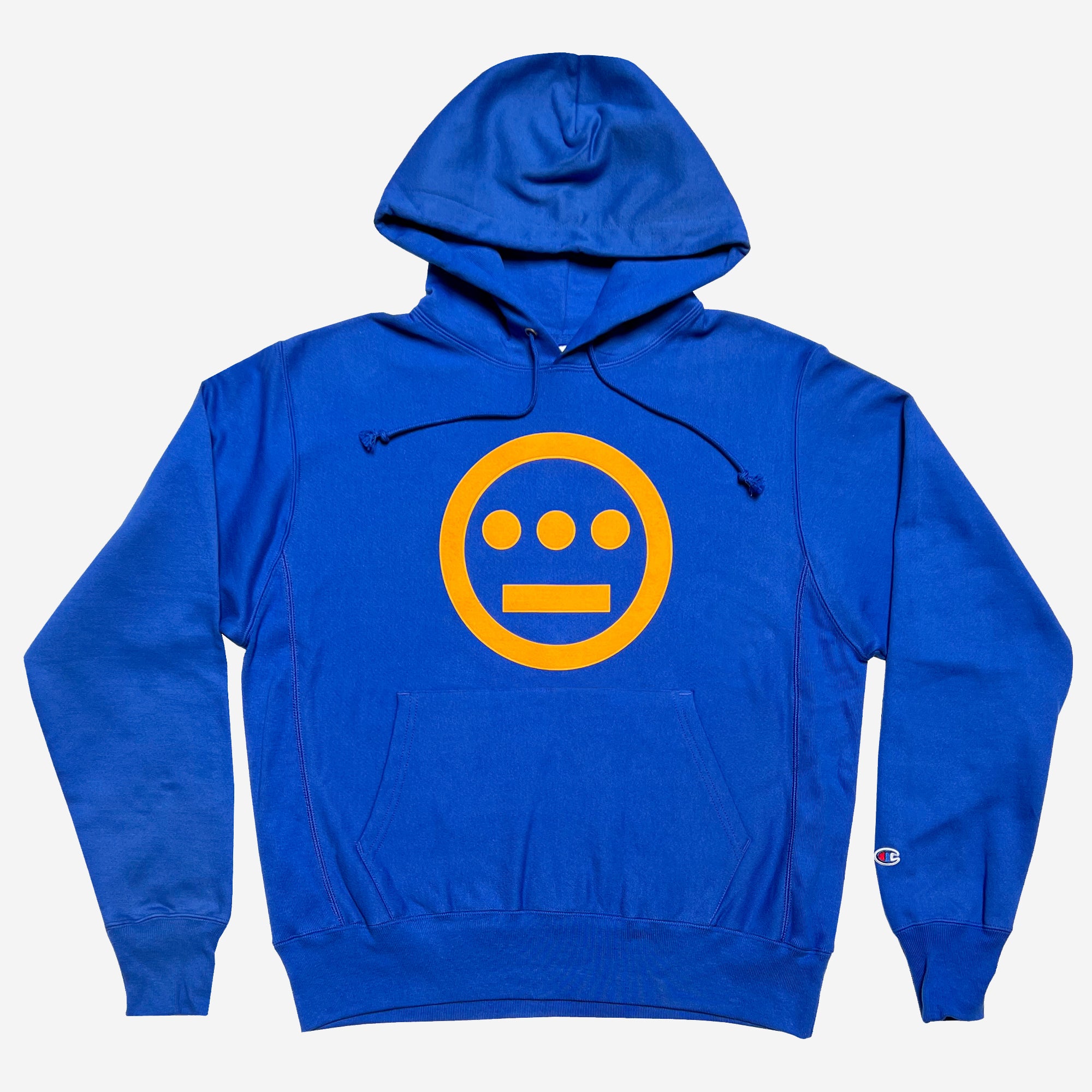Royal blue hoodie with yellow Hieroglyphics hip-hop logo on the chest and Champion logo on the sleeve.