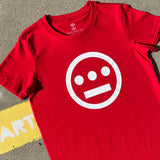 Close up of white Hieroglyphics Hip-Hop logo on a red t-shirt on street.