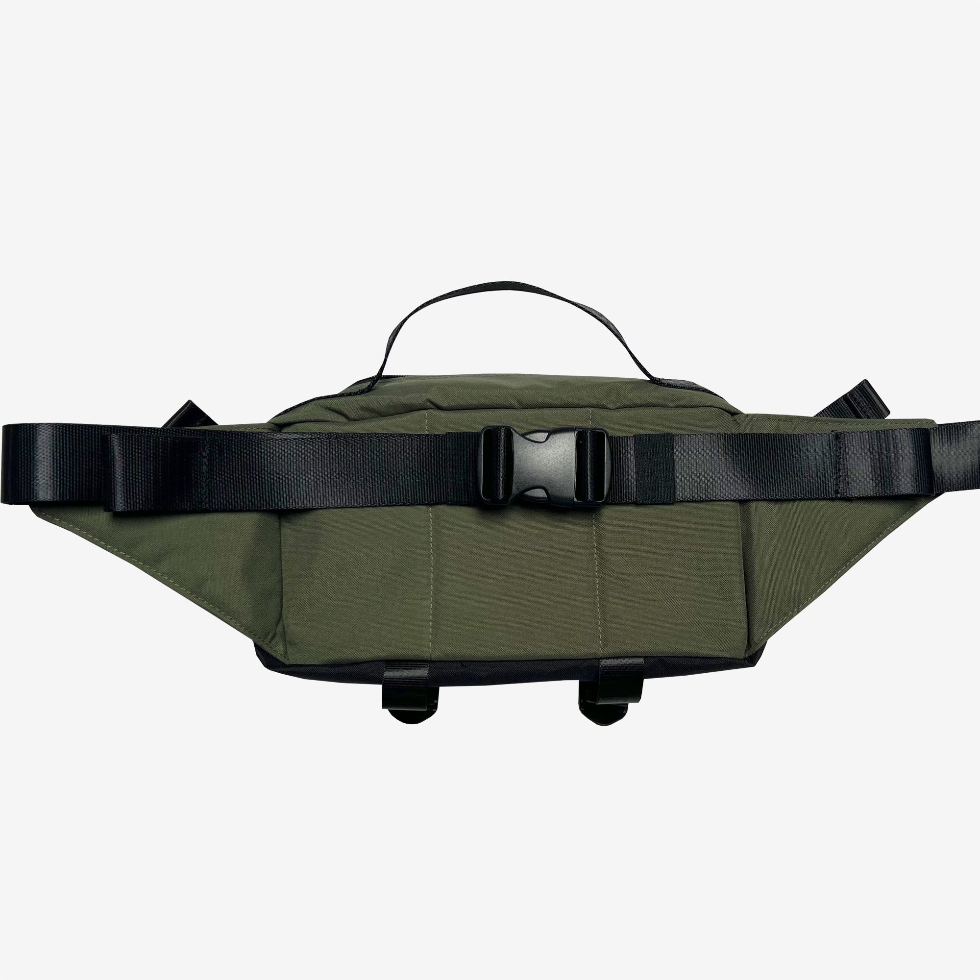 The backside of green nylon hip bag with black waist belt and top handle.