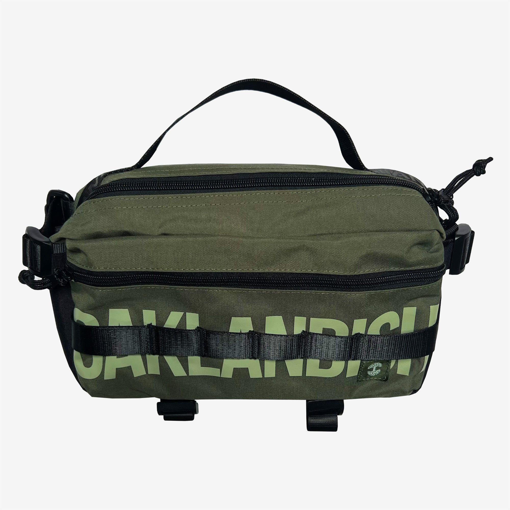 An olive nylon hip bag with a green Oaklandish wordmark, front & top zippers, top handle & small green Oaklandish tree logo.
