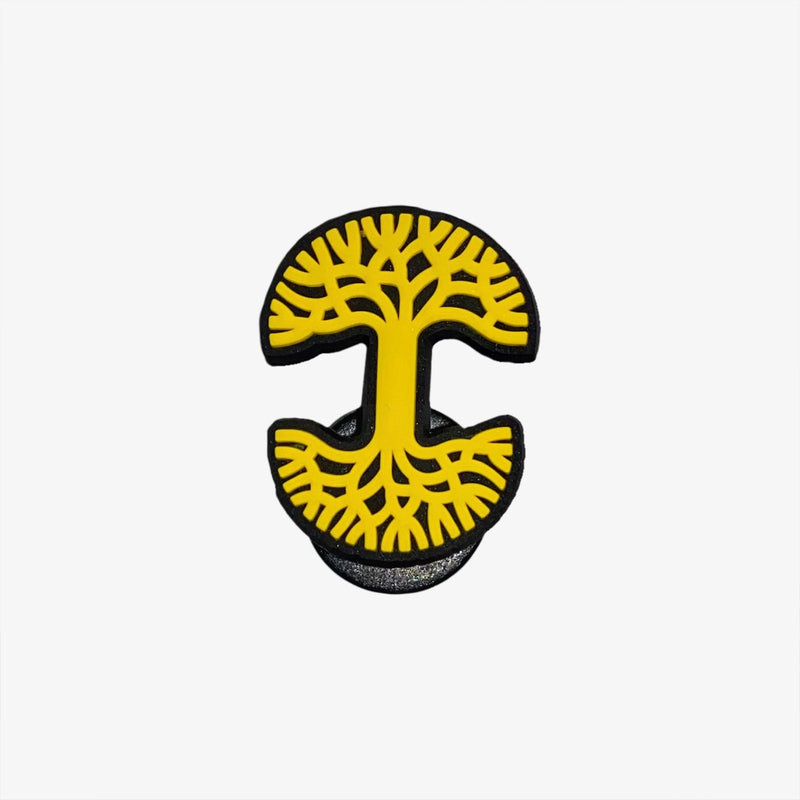 Yellow and black Oaklandish tree logo shoe charm.