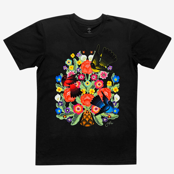  Black t-shirt with a graphic of flowers and birds designed by artist Jet Martinez.