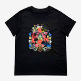 Front of women’s black t-shirt with a flower & birds graphic designed by artist Jet Martinez. 