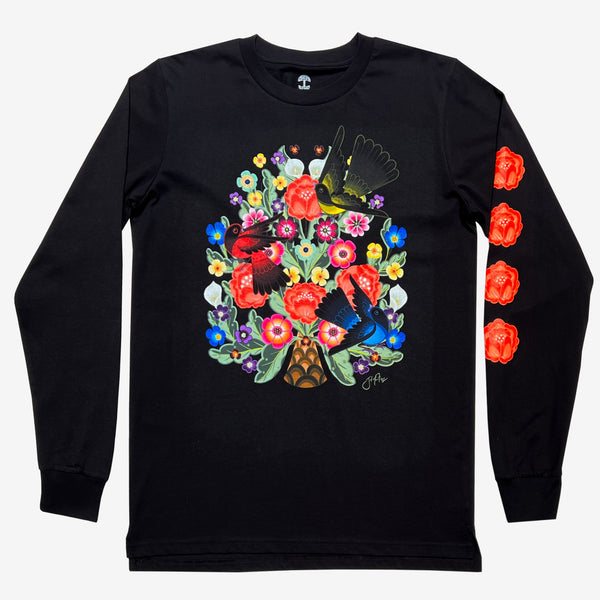 Front of long sleeve black t-shirt with a flower & birds graphic designed by artist Jet Martinez. 
