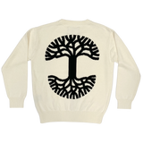 Heavy cotton white crew neck knit sweater with large black Oaklandish tree logo on the back.