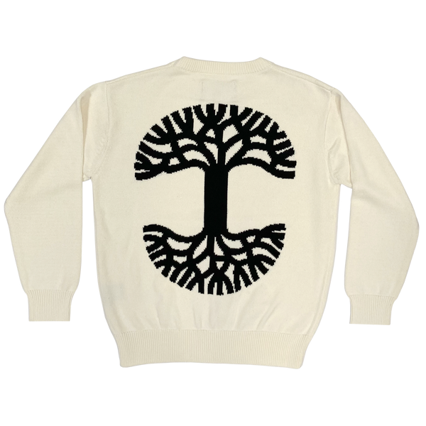 Heavy cotton white crew neck knit sweater with large black Oaklandish tree logo on the back.