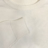 Detailed close-up of chest and cuff of a white heavy knit sweater.