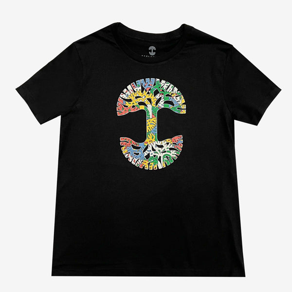 Woman’s black t-shirt with large full color Oaklandish tree logo, with small tree logo design detail inside big tree logo.