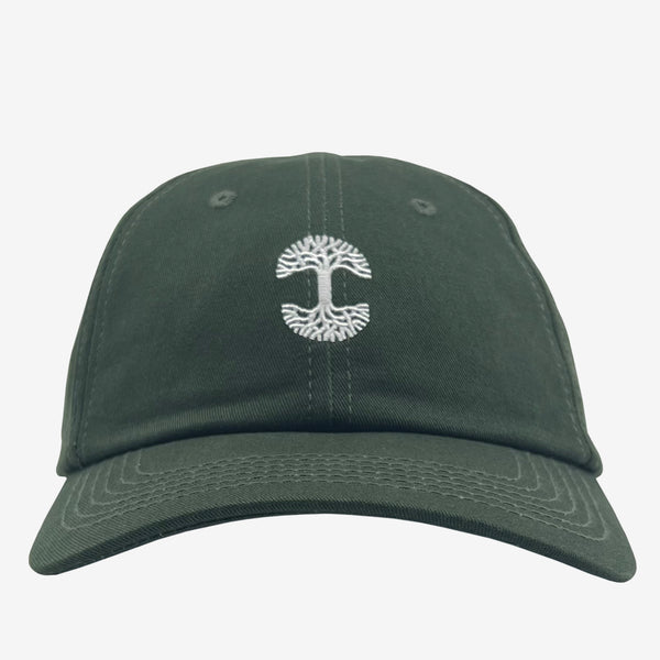 Olive green cotton dad cap with micro white embroidered Oaklandish tree logo.