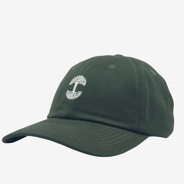 Olive green cotton dad cap with micro white embroidered Oaklandish tree logo.