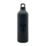 Black aluminum 24 oz water bottle with minimal black Oaklandish tree logo.
