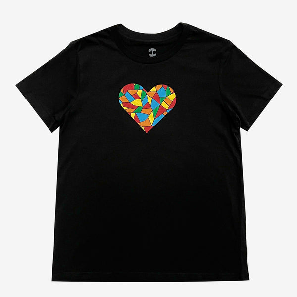 Black t-shirt with full-color Roots mosaic logo colors in a heart on chest.