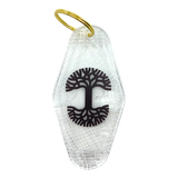 Translucent white motel-style keychain with black Oaklandish Logo and Oakland aerial view map.
