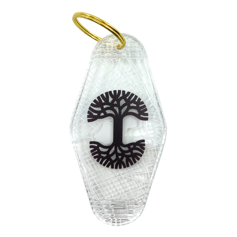 Translucent white motel-style keychain with black Oaklandish Logo and Oakland aerial view map.