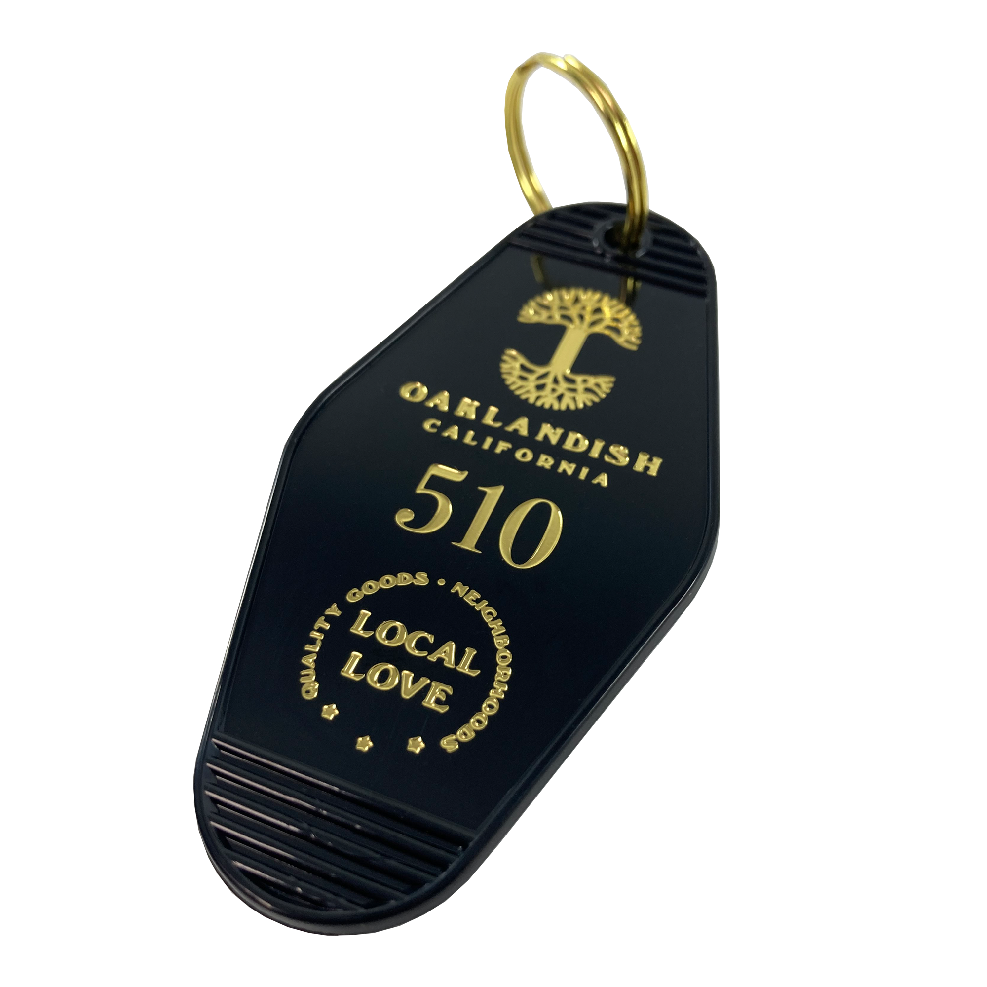 Black motel-style keychain with gold Oaklandish Logo and wordmark and 510 local love logo.