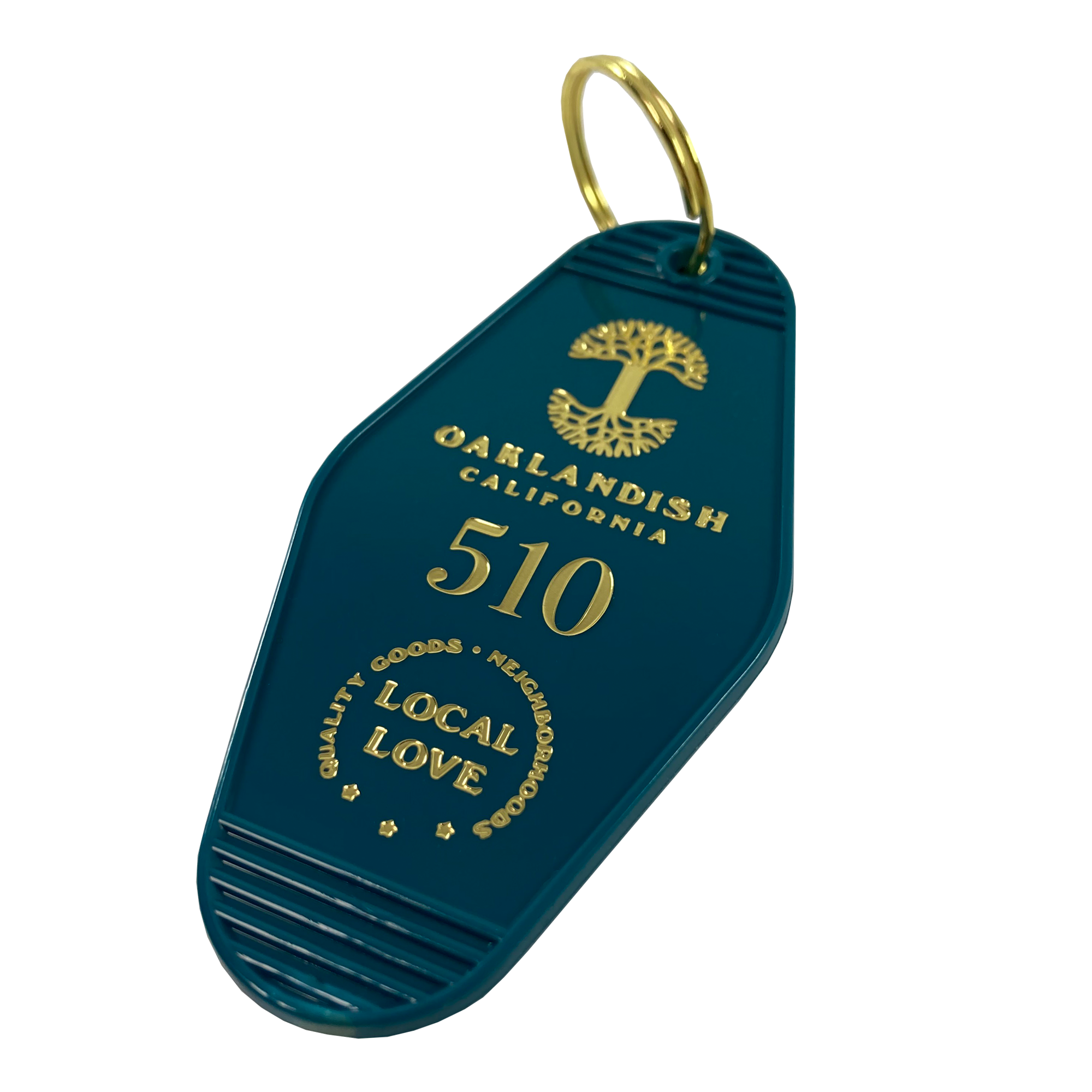 Detailed angle image of blue vintage motel-style keychain with gold Oaklandish Logo and wordmark and 510 local love logo.