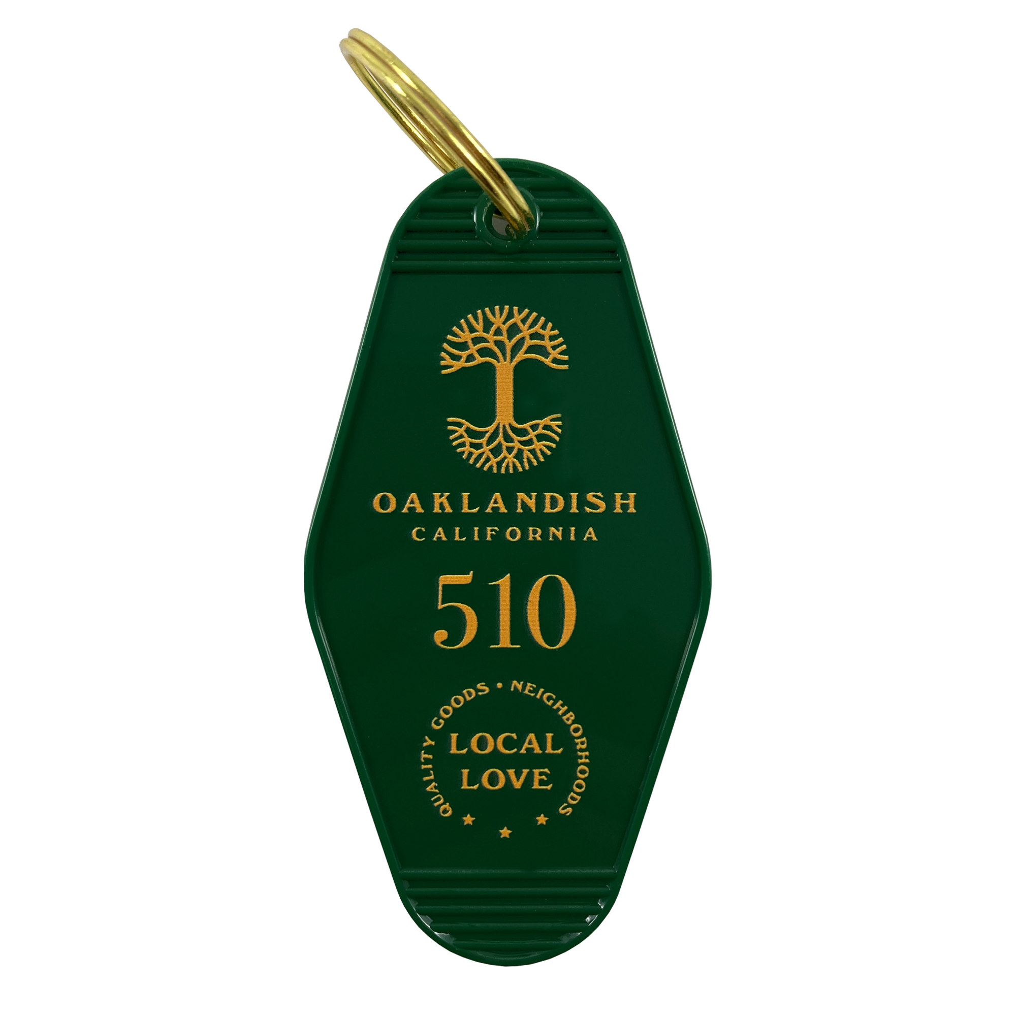Green motel-style keychain with gold Oaklandish Logo and wordmark and 510 local love logo.