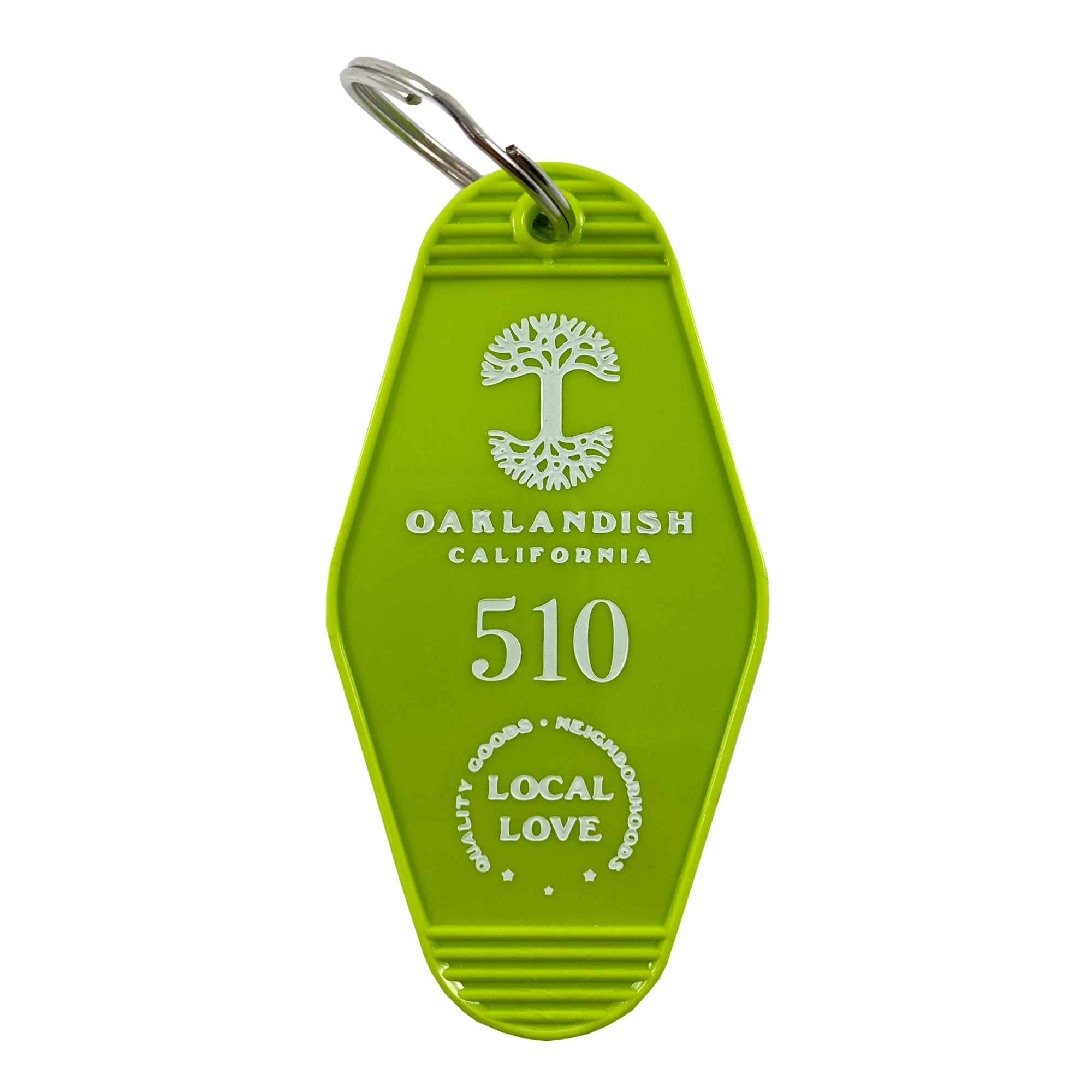 Lime green vintage motel-style keychain with gold Oaklandish Logo and wordmark and 510 local love logo.