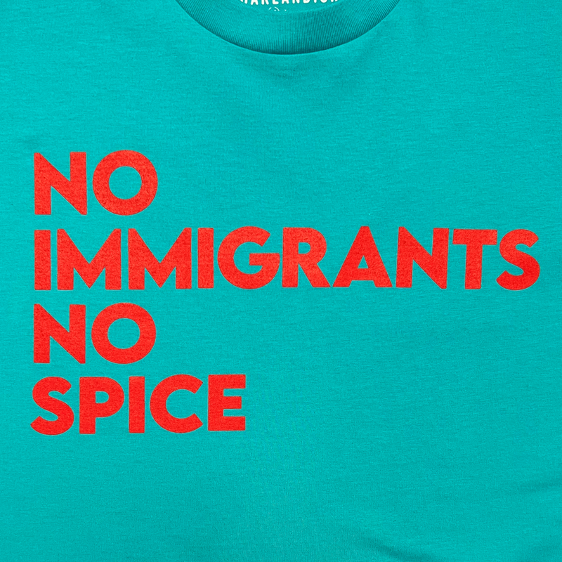 Detailed close up of the No Immigrants No Spice wordmark printed in bright red on the front chest of a teal t-shirt.