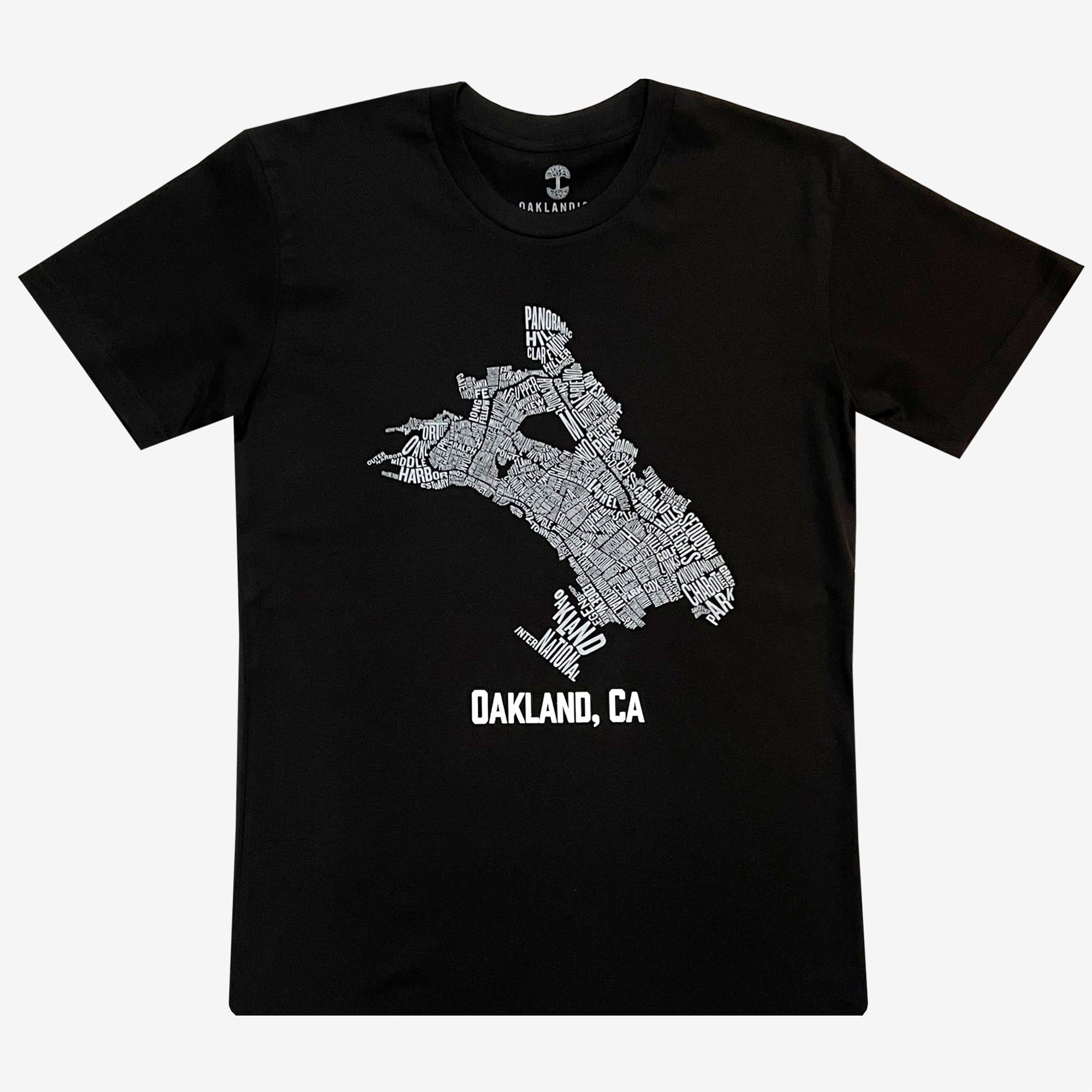 Black t-shirt with a graphic of Oakland with a neighborhood map & Oakland CA wordmark.. 